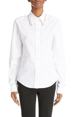 Givenchy Imitation Pearl & Rhinestone Collar Cotton Button-Up Shirt in White