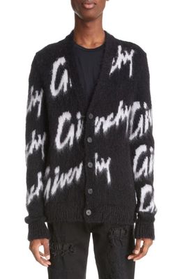 Givenchy Intarsia Logo V-Neck Mohair & Wool Blend Cardigan in Black/White