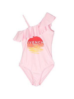 Givenchy Kids asymmetric ruffled logo-print swimsuit - Pink