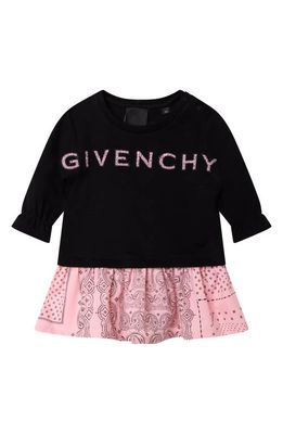 GIVENCHY KIDS Kids' Bandana Ruffle Long Sleeve Cotton Logo Dress in 09B-Black