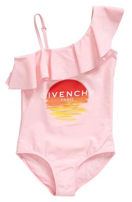 GIVENCHY KIDS Kids' Sunset Logo Ruffle One-Shoulder One-Piece Swimsuit in 44Z-Marshmallow
