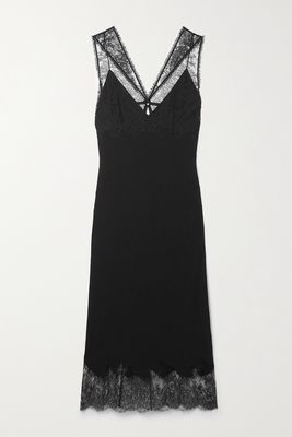 Givenchy - Lace-trimmed Plissé-crepe Midi Dress - Black