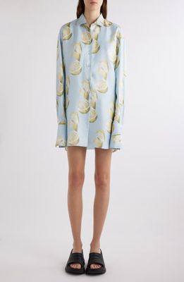 Givenchy Lemon Print Silk Button-Up Tunic Shirt in Blue/Yellow