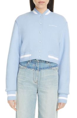 Givenchy Logo Embroidered Crop Wool Varsity Jacket in Light Blue