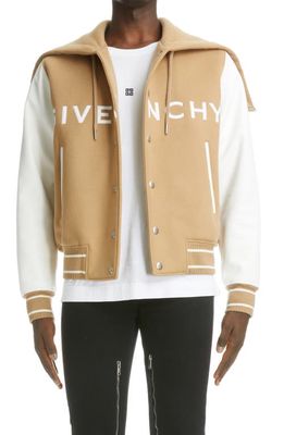 Givenchy Mixed Media Logo Wool Blend Varsity Jacket in White/Beige