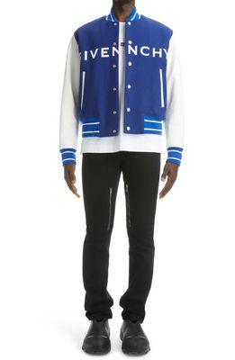 Givenchy Mixed Media Logo Wool Blend Varsity Jacket in White/Blue