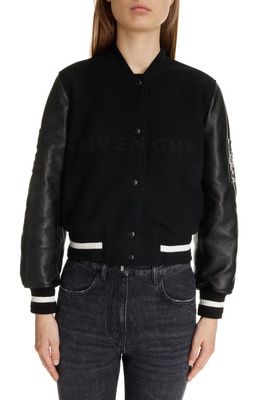 Givenchy Regular Fit Leather & Wool Blend Crop Varsity Jacket in Black/White