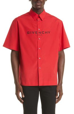 Givenchy Reverse Logo Short Sleeve Button-Up Shirt in Red