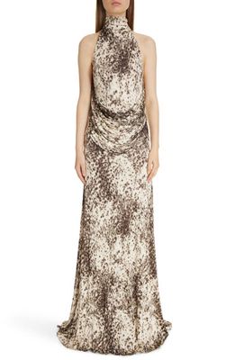 Givenchy Snow Leopard Print Halter Neck Draped Jersey Dress in Natural/Brown