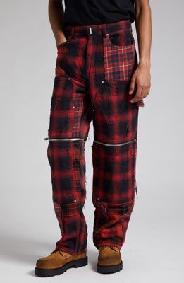 Givenchy Zip Off Convertible Distressed Plaid Carpenter Jeans in Black/Red