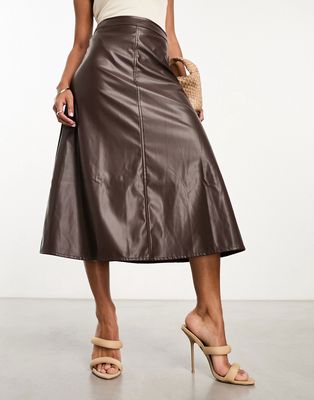 Glamorous A-line midi skirt in chocolate PU-Brown