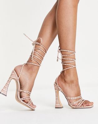 Glamorous ankle strap heel sandals in blush croc-Pink