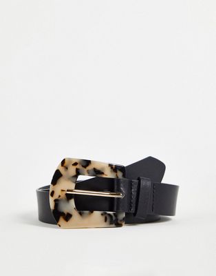 Glamorous belt in black with square milky tortoiseshell resin buckle