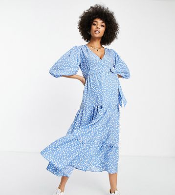Glamorous Bloom maxi wrap dress with balloon sleeves in blue ditsy