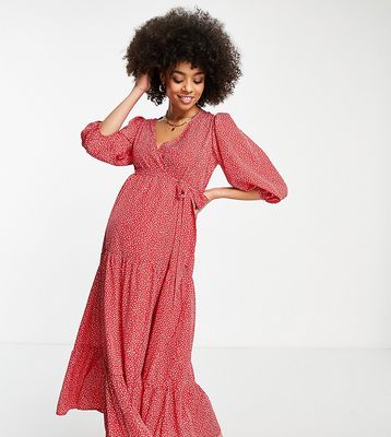 Glamorous Bloom maxi wrap dress with balloon sleeves in red ditsy