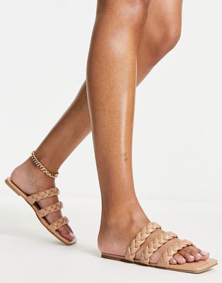 Glamorous braided flat sandals in tan-Brown