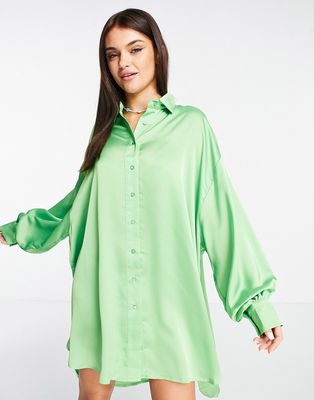 Glamorous button up shirt dress in apple green satin-Black