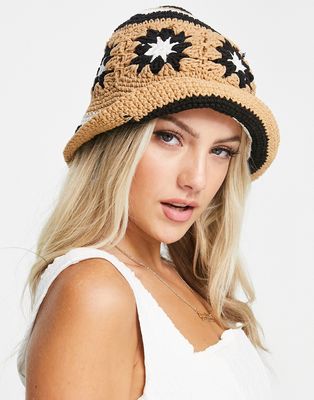 Glamorous crochet summer bucket hat in beige mix-Neutral