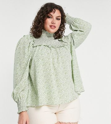 Glamorous Curve high neck smock blouse in green floral