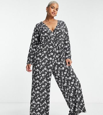 Glamorous Curve relaxed wrap front jumpsuit in monochrome floral-Black