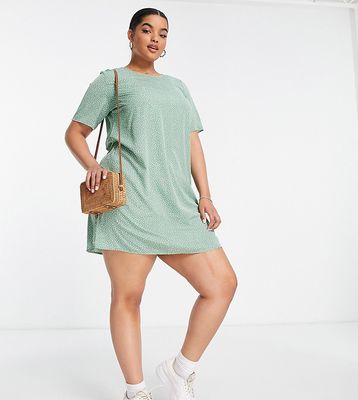 Glamorous Curve short sleeve shift dress in green ditsy