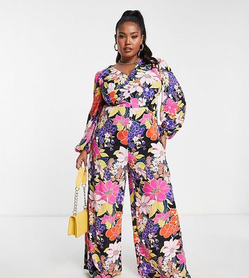 Glamorous Curve v-neck button front jumpsuit in bright retro floral-Multi