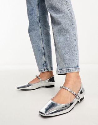Glamorous embellished strap mary janes in silver metallic