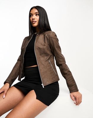 Glamorous fitted faux leather moto jacket-Brown