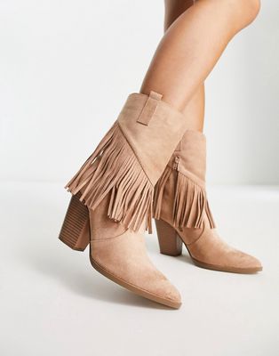 Glamorous fringed western heel boots in beige-Neutral