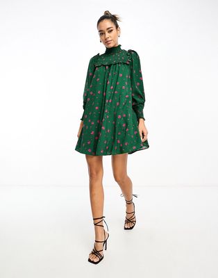 Glamorous high neck mini smock dress with shirring in green/pink floral
