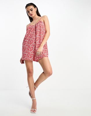 Glamorous lace back strappy smock romper in red floral