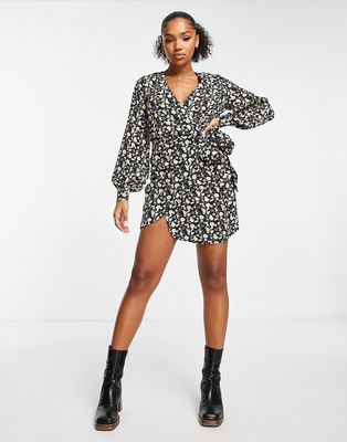 Glamorous long sleeve mini wrap dress with tie waist in bright ditsy floral-Black