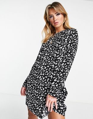 Glamorous long sleeve smock dress in sketchy style leopard-Multi