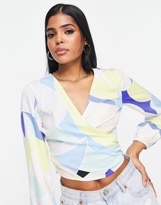Glamorous long sleeve wrap blouse in retro abstract print-Multi