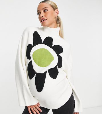 Glamorous Maternity oversized high neck sweater with large retro flower-Neutral