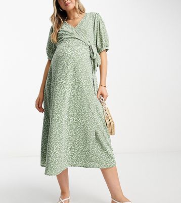 Glamorous Maternity short sleeve wrap midi dress in green ditsy floral-Multi
