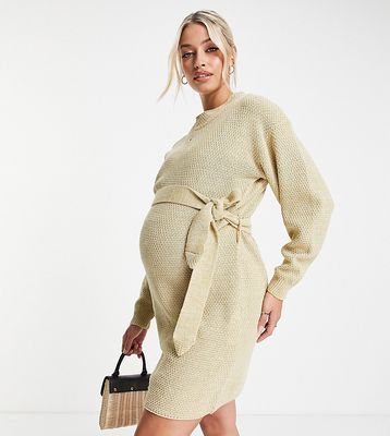 Glamorous Maternity tie waist chunky sweater dress in oatmeal knit-Neutral
