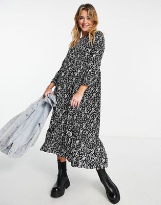 Glamorous maxi smock dress in black white ditsy-Multi