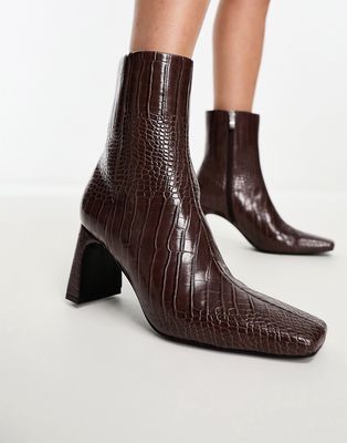 Glamorous mid heel ankle boots in brown croc