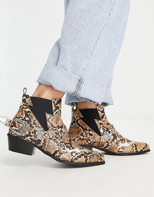 Glamorous mid heel ankle boots in snake print-Multi