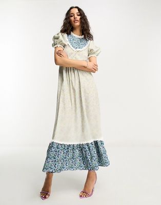 Glamorous midaxi tea dress in contrast vintage floral-Multi