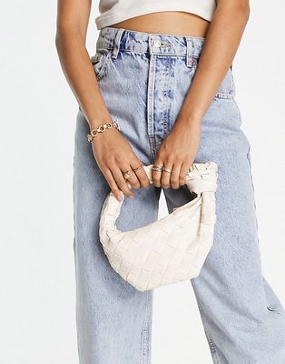 Glamorous mini grab bag in cream woven PU-White