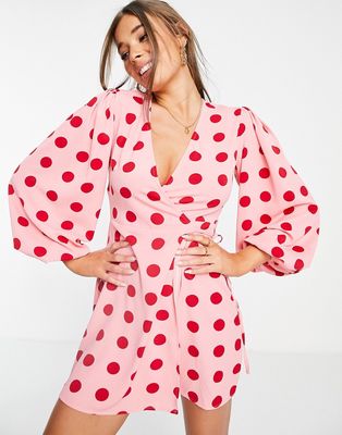 Glamorous mini long sleeve wrap dress in pink red spot-Multi
