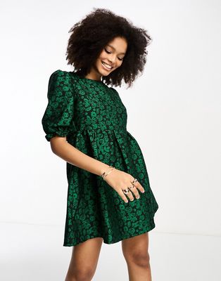 Glamorous open back bow detail puff sleeve mini dress in floral green jacquard-Black