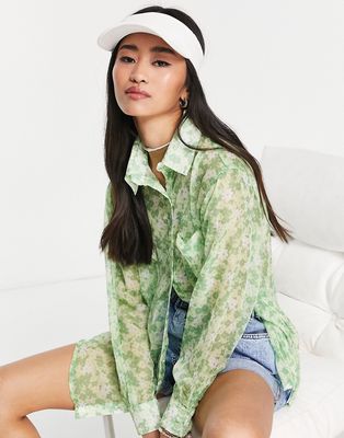 Glamorous oversized mesh shirt in apple green ditsy print