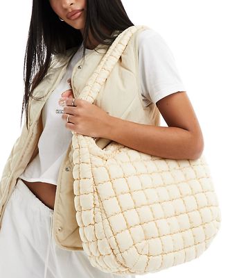 Glamorous oversized padded shoulder bag in cream nylon-White