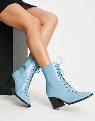 Glamorous patent lace up heel boots in pale blue