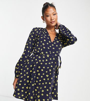 Glamorous Petite v neck tie waist dress in navy yellow floral-Multi