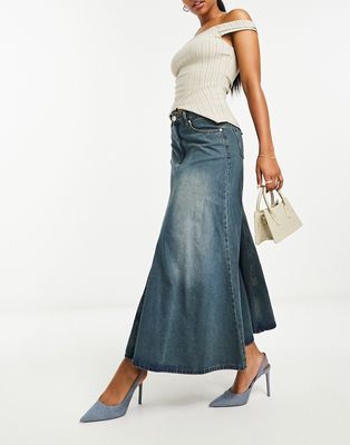 Glamorous pleated a-line midi skirt in vintage wash denim-Blue