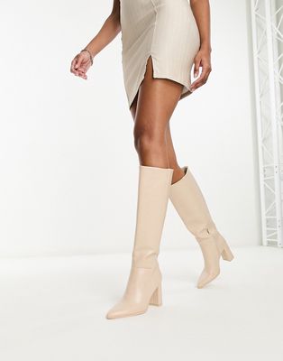 Glamorous pointed knee boots in bone-White